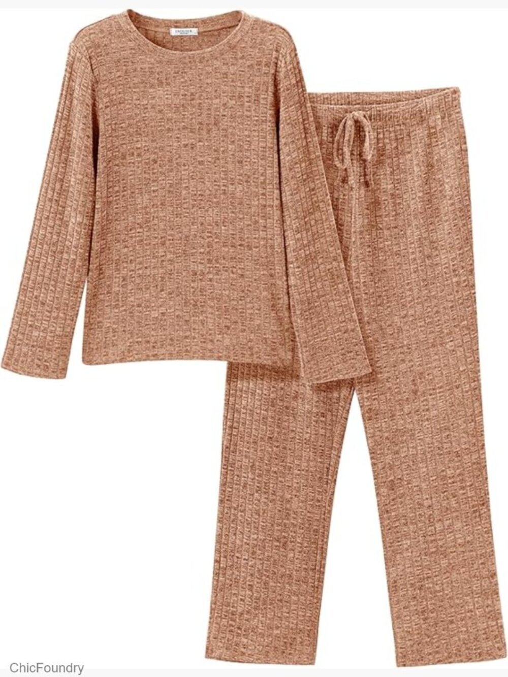 Soft Ribbed Lounge Set Long Sleeve Top & Pants Pajamas with Pockets